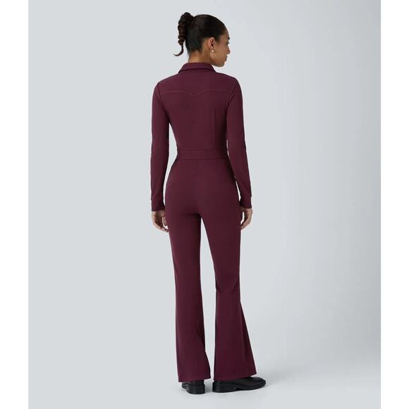 Halara Cargo Jumpsuit Waffle Knit Long Sleeve Flare Leg Evening Red NWT Medium - Picture 2 of 7